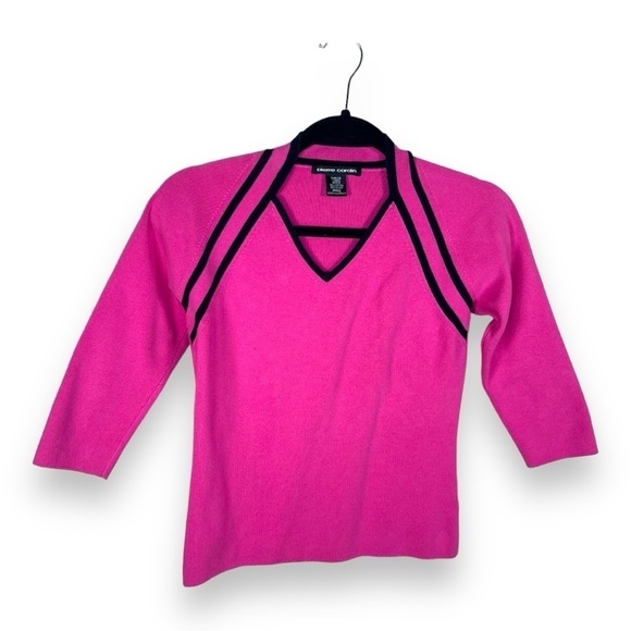 SMALL VINTAGE PIERRE CARDIN FUCHSIA PINK BLACK TRIM KNIT TOP PULLOVER STRETCH - Picture 1 of 6